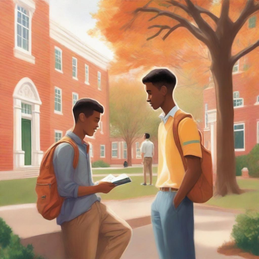 This high-quality illustration presents a heartwarming scene set within a vibrant college campus