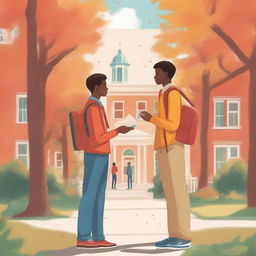 This high-quality illustration presents a heartwarming scene set within a vibrant college campus