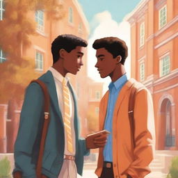 This high-quality illustration presents a heartwarming scene set within a vibrant college campus
