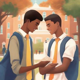 This high-quality illustration presents a heartwarming scene set within a vibrant college campus