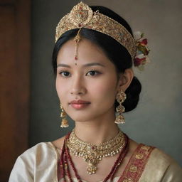 An ancient Manipuri princess adorned in traditional attire, with intricate jewelry, standing in a historically accurate depiction of ancient Manipur.