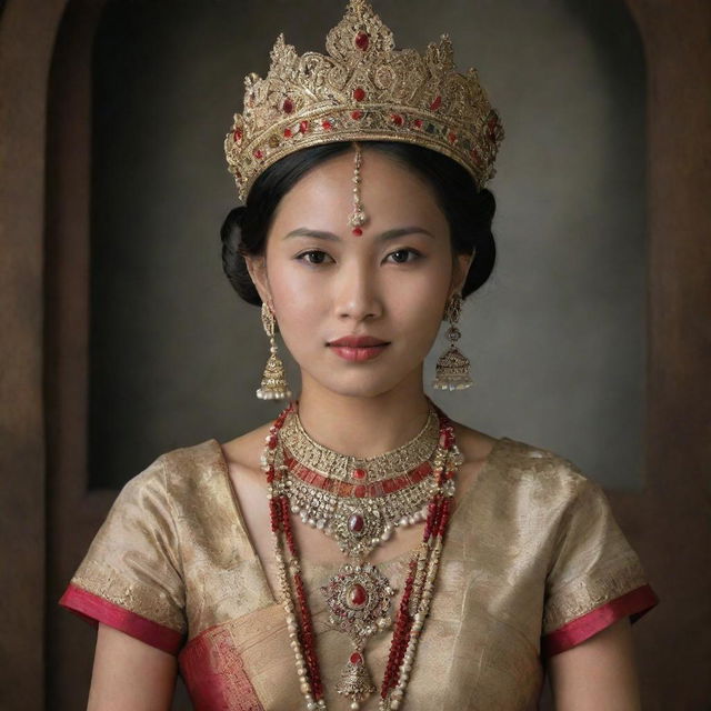 An ancient Manipuri princess adorned in traditional attire, with intricate jewelry, standing in a historically accurate depiction of ancient Manipur.