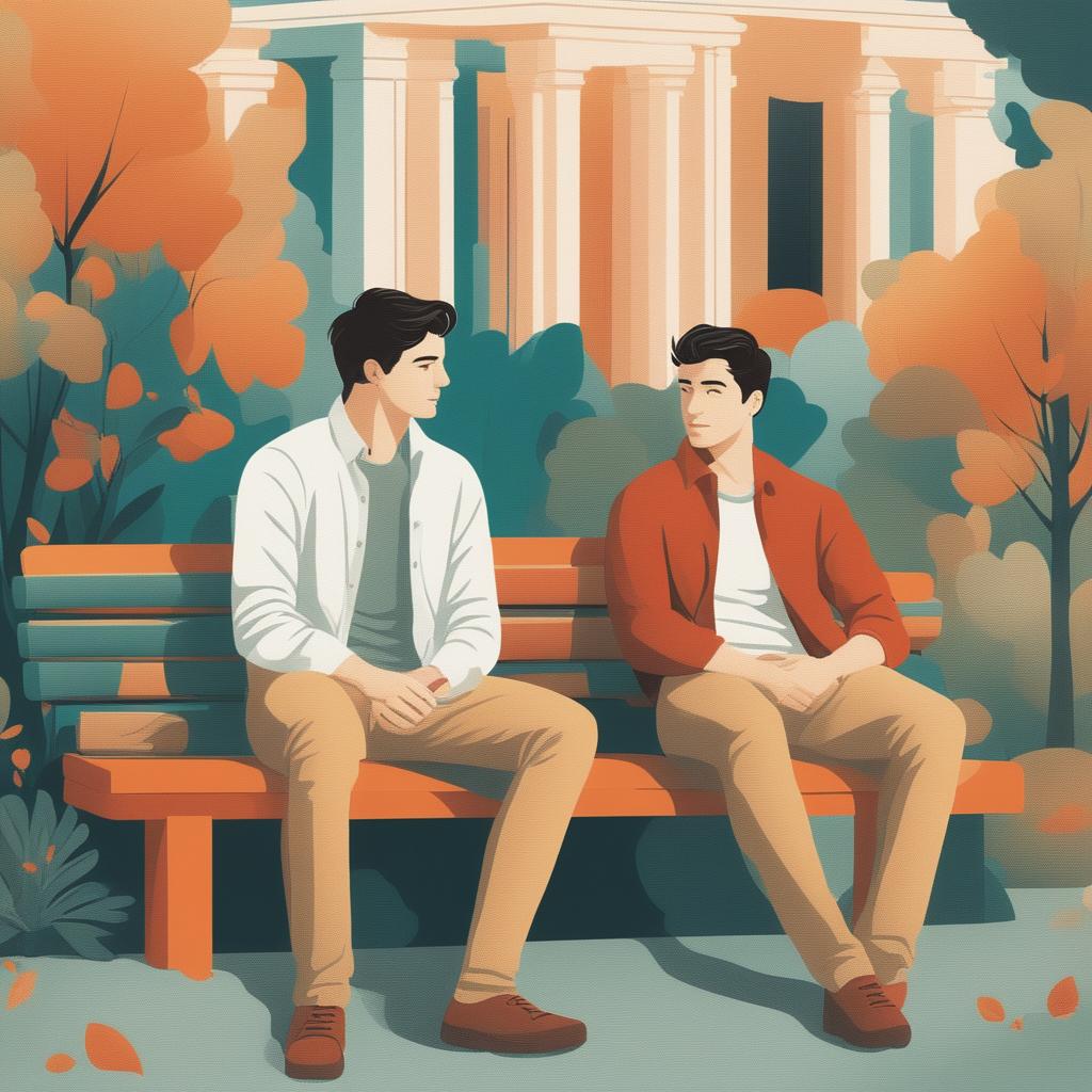 A high-quality illustration of two white young men with dark hair, seated closely on a bench within a vibrant campus setting