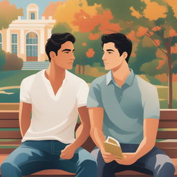 A high-quality illustration of two white young men with dark hair, seated closely on a bench within a vibrant campus setting