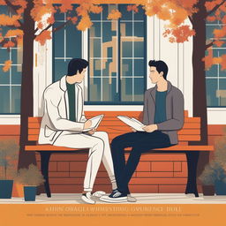 A high-quality illustration of two white young men with dark hair, seated closely on a bench within a vibrant campus setting