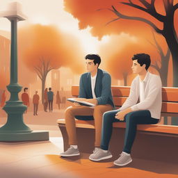 A high-quality illustration of two white young men with dark hair, seated closely on a bench within a vibrant campus setting