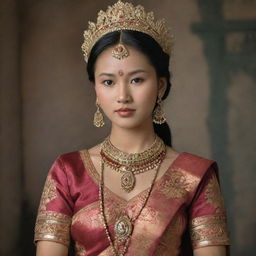 An ancient Manipuri princess adorned in traditional attire, with intricate jewelry, standing in a historically accurate depiction of ancient Manipur.