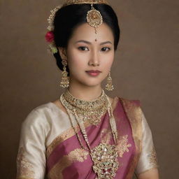 An ancient Manipuri princess adorned in traditional attire, with intricate jewelry, standing in a historically accurate depiction of ancient Manipur.