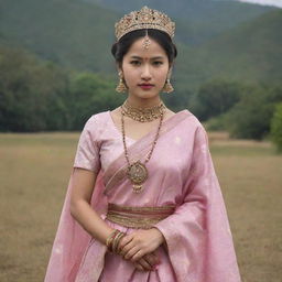 An aristocratic princess from ancient Manipur, India, wearing authentic period attire, surrounded by the timeless beauty of historical Manipur.