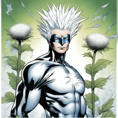In the comic book series, the superhero uses the white thistle as a powerful weapon against villains, utilizing its silvery-scurfy foliage to create protective shields.