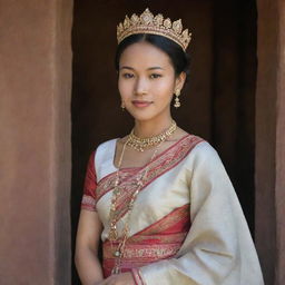 An aristocratic princess from ancient Manipur, India, wearing authentic period attire, surrounded by the timeless beauty of historical Manipur.