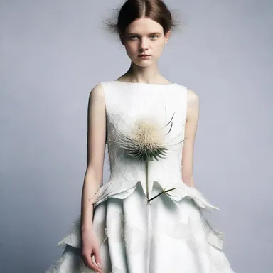 The fashion designer incorporated the image of a white thistle into their collection, creating a striking and unconventional design.