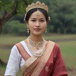 An aristocratic princess from ancient Manipur, India, wearing authentic period attire, surrounded by the timeless beauty of historical Manipur.