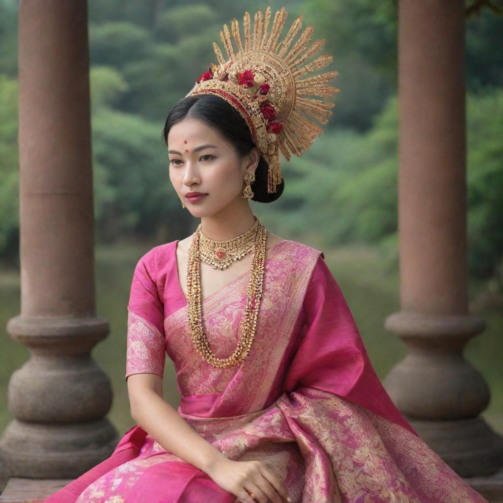 An aristocratic princess from ancient Manipur, India, wearing authentic period attire, surrounded by the timeless beauty of historical Manipur.