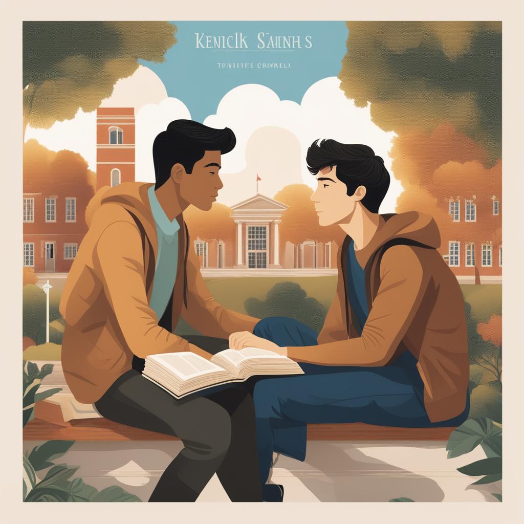 A detailed, high-quality illustration of two white young men with dark hair, seated together on a college campus