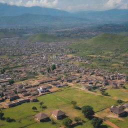 A panoramic view of ancient Manipur, India, showcasing rich culture, intricate architecture, bustling markets, and verdant landscapes.