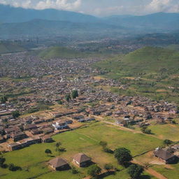 A panoramic view of ancient Manipur, India, showcasing rich culture, intricate architecture, bustling markets, and verdant landscapes.