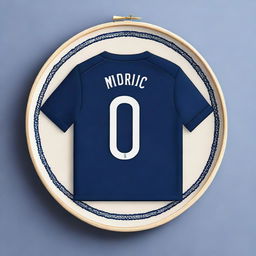 A high-quality digital art image showcasing a detailed embroidery of the 'Modrić 10' soccer jersey