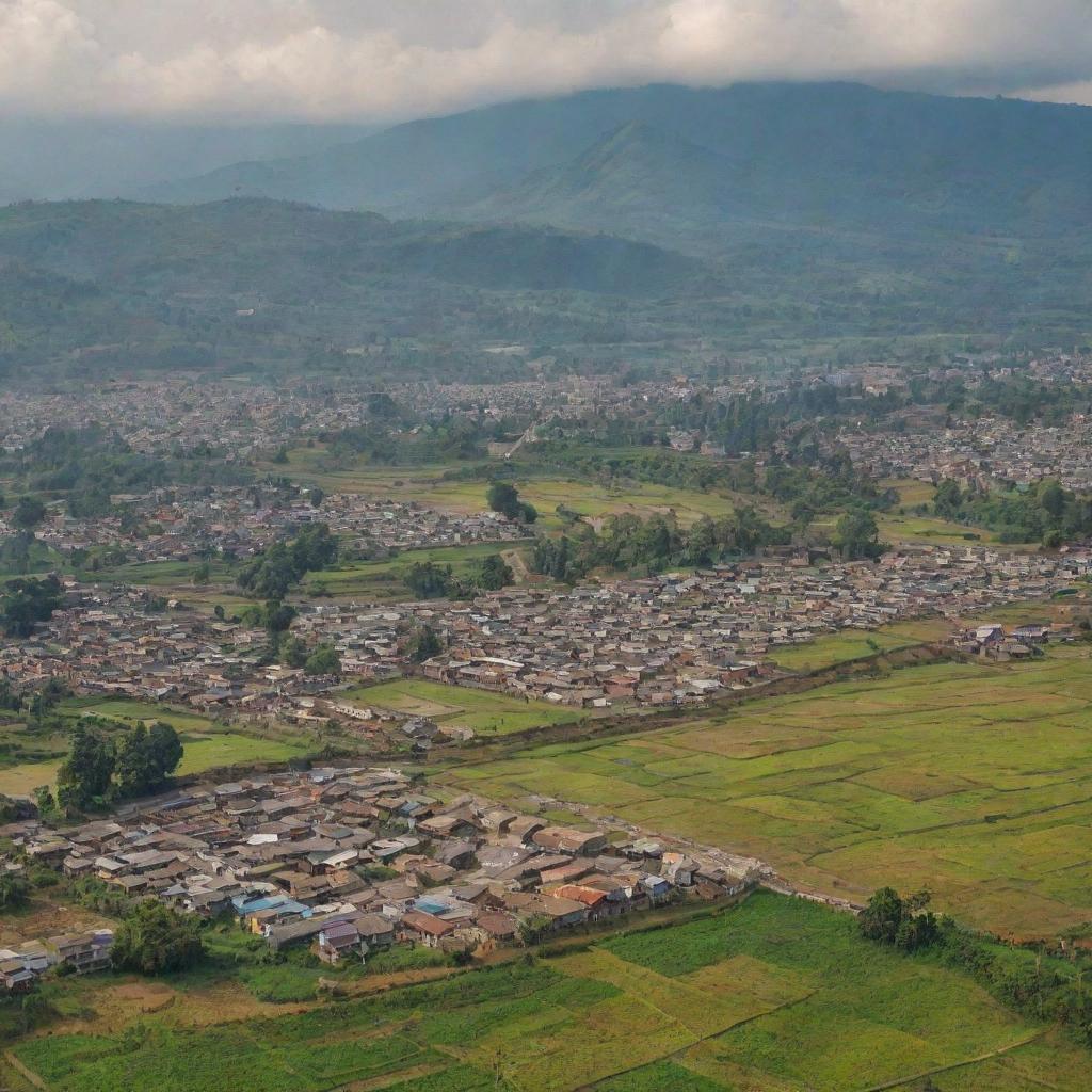 A panoramic view of ancient Manipur, India, showcasing rich culture, intricate architecture, bustling markets, and verdant landscapes.