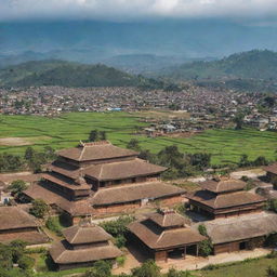 A panoramic view of ancient Manipur, India, showcasing rich culture, intricate architecture, bustling markets, and verdant landscapes.