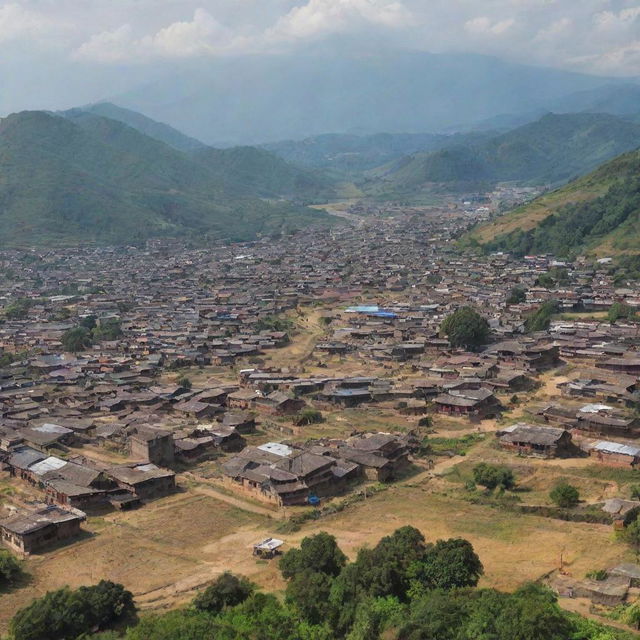 A panoramic view of ancient Manipur, India, showcasing rich culture, intricate architecture, bustling markets, and verdant landscapes.