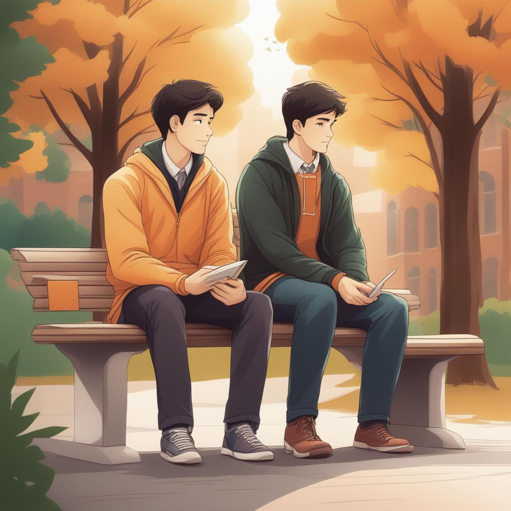 This is a high-quality illustration that portrays two young white men with dark hair, the protagonist and 'A', seated closely on a bench within a vibrant college campus setting