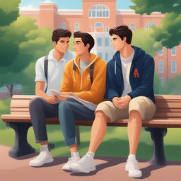 This is a high-quality illustration that portrays two young white men with dark hair, the protagonist and 'A', seated closely on a bench within a vibrant college campus setting