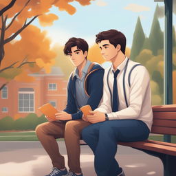 This is a high-quality illustration that portrays two young white men with dark hair, the protagonist and 'A', seated closely on a bench within a vibrant college campus setting