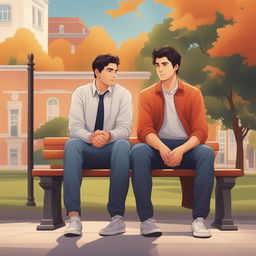 This is a high-quality illustration that portrays two young white men with dark hair, the protagonist and 'A', seated closely on a bench within a vibrant college campus setting