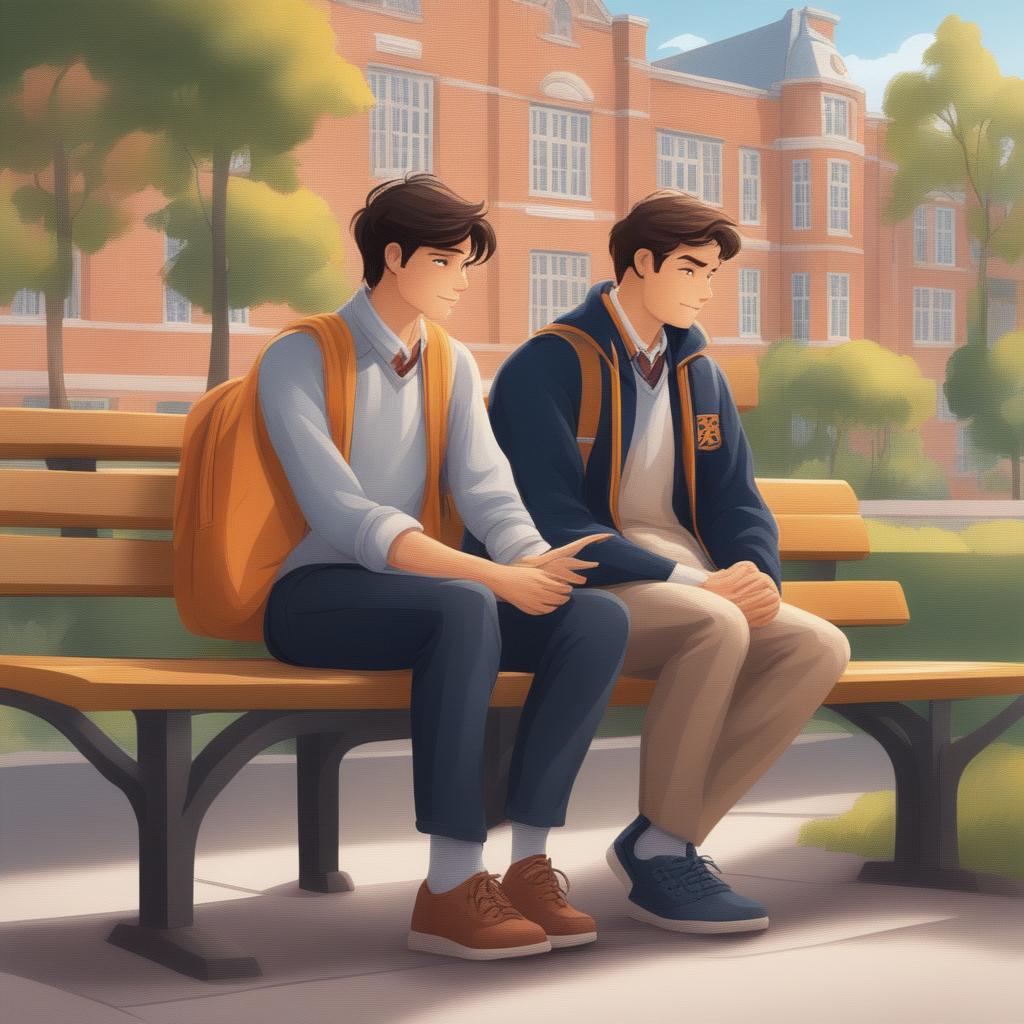 This is a high-quality illustration that portrays two young white men with dark hair, the protagonist and 'A', seated closely on a bench within a vibrant college campus setting