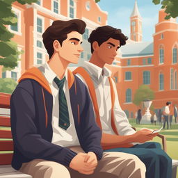 This is a high-quality illustration that portrays two young white men with dark hair, the protagonist and 'A', seated closely on a bench within a vibrant college campus setting