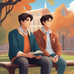 This is a high-quality illustration that portrays two young white men with dark hair, the protagonist and 'A', seated closely on a bench within a vibrant college campus setting