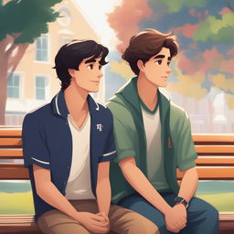 This is a high-quality illustration that portrays two young white men with dark hair, the protagonist and 'A', seated closely on a bench within a vibrant college campus setting