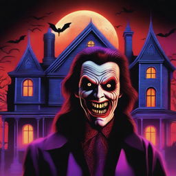 A hyperrealistic digital art, designed as an 80's horror movie poster featuring vampires