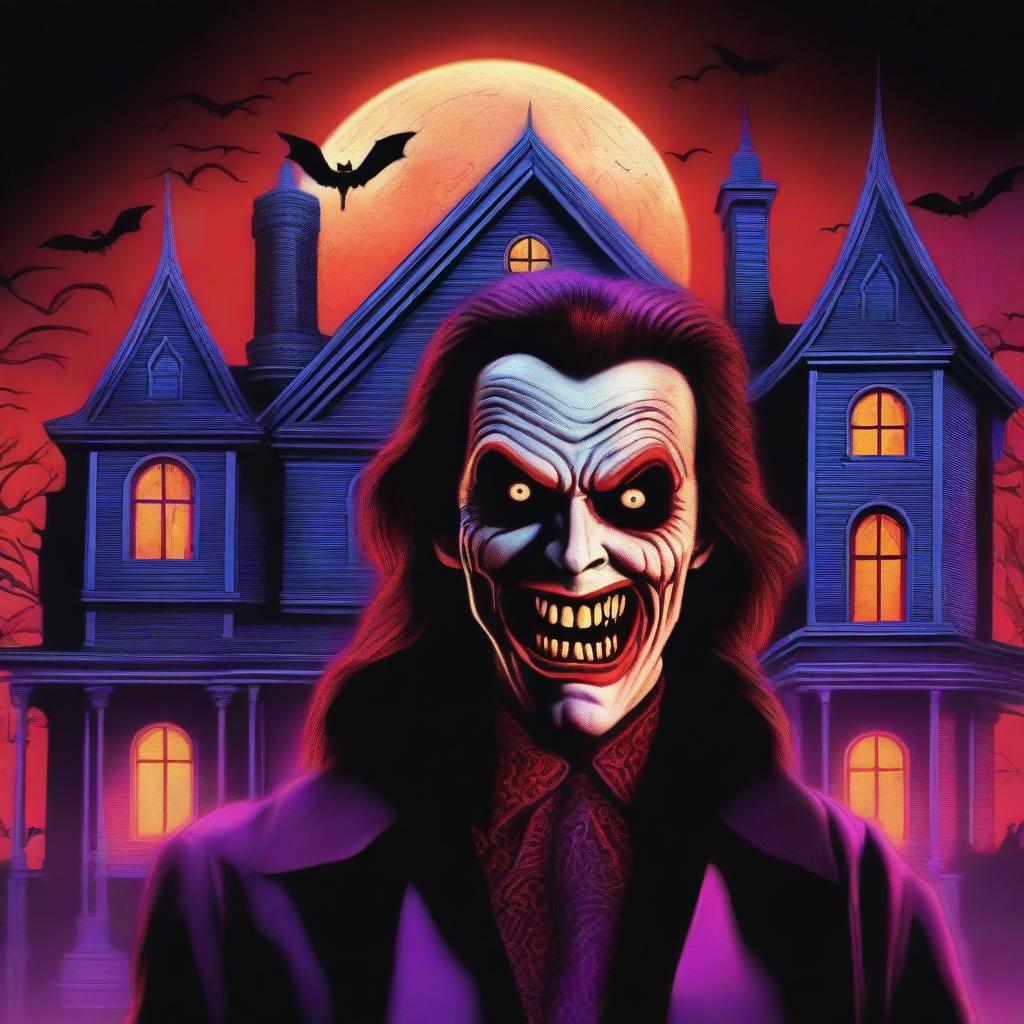 A hyperrealistic digital art, designed as an 80's horror movie poster featuring vampires