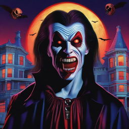 A hyperrealistic digital art, designed as an 80's horror movie poster featuring vampires