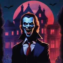 A hyperrealistic digital art, designed as an 80's horror movie poster featuring vampires