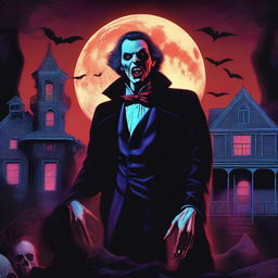 A hyperrealistic digital art, designed as an 80's horror movie poster featuring vampires