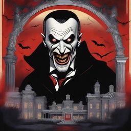 A high-quality, hyperrealistic digital art piece designed as a retro horror movie poster featuring vampires