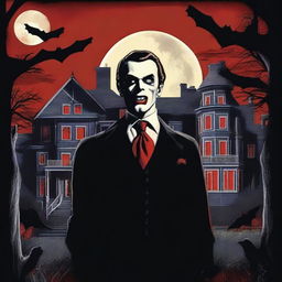 A high-quality, hyperrealistic digital art piece designed as a retro horror movie poster featuring vampires