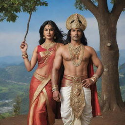 The legendary hero Arjuna from Mahabharata and the regal Rani Chitrangada of Manipur, displayed in a scene of shared wisdom and strength, set in the rich scenery of the ancient kingdom of Manipur.