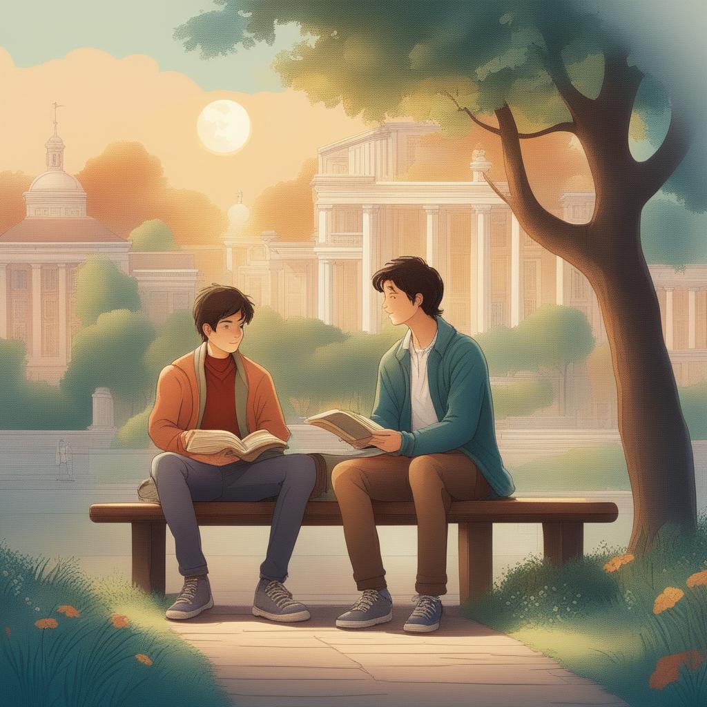 This high-quality illustration depicts two young white men with dark hair - the protagonist and his friend 'A' - seated closely on a bench in a vibrant campus setting