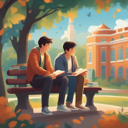 This high-quality illustration depicts two young white men with dark hair - the protagonist and his friend 'A' - seated closely on a bench in a vibrant campus setting