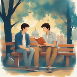 This high-quality illustration depicts two young white men with dark hair - the protagonist and his friend 'A' - seated closely on a bench in a vibrant campus setting