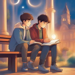This high-quality illustration depicts two young white men with dark hair - the protagonist and his friend 'A' - seated closely on a bench in a vibrant campus setting