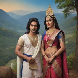 The legendary hero Arjuna from Mahabharata and the regal Rani Chitrangada of Manipur, displayed in a scene of shared wisdom and strength, set in the rich scenery of the ancient kingdom of Manipur.