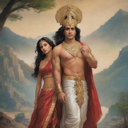 The legendary hero Arjuna from Mahabharata and the regal Rani Chitrangada of Manipur, displayed in a scene of shared wisdom and strength, set in the rich scenery of the ancient kingdom of Manipur.