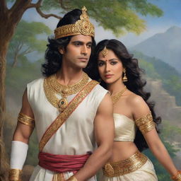 The legendary hero Arjuna from Mahabharata and the regal Rani Chitrangada of Manipur, displayed in a scene of shared wisdom and strength, set in the rich scenery of the ancient kingdom of Manipur.