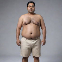 Generate an 8K hyper-realistic full body image of a plumpy 28-year-old Indian man with an endomorphic triangle body type. Traits are a round face, wheatish complexion, height of 5 feet, 36-inch waist, clean-shaven, weighs 68 kgs, with side-parted hair.