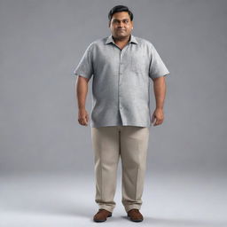 Generate an 8K hyper-realistic full body image of a plumpy 28-year-old Indian man with an endomorphic triangle body type. Traits are a round face, wheatish complexion, height of 5 feet, 36-inch waist, clean-shaven, weighs 68 kgs, with side-parted hair.